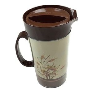 Vintage Thermo Serv Insulated Pitcher & Lid Wheat Flowers Brown Fall USA 56 Oz